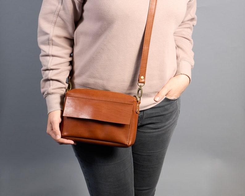 Leather crossbody bag for woman. Small tan purse with zipper. Leather mini bag with removable strap. Personalized Anniversary Gift for Her. image 5