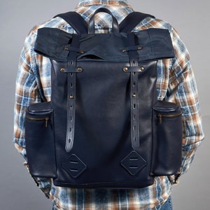 Navy blue leather and waxed canvas roll top backpack. Personalized rolltop leather rucksack for men and women. Unisex Commuter leather bag image 8