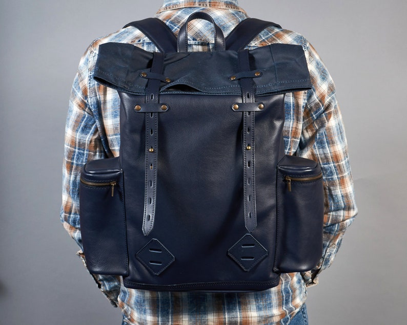 Navy blue leather and waxed canvas roll top backpack. Personalized rolltop leather rucksack for men and women. Unisex Commuter leather bag image 8