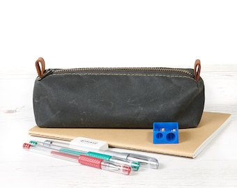 Waxed canvas pencil pouch. Hand made zippered pen case. College pen case. Back to school gift. Waterproof pen pouch. Canvas pencil case.