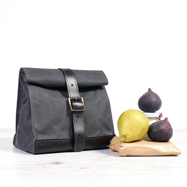 Grey black waxed canvas and leather lunch bag. Water resistant canvas picnic bag. Personalized gift. Reusable cotton snack bag with strap image 1