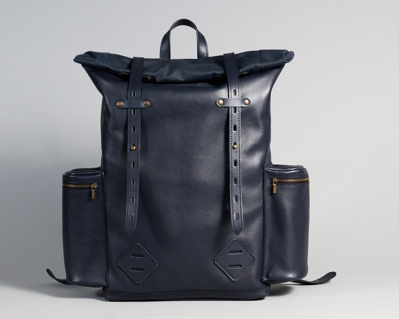 Navy blue leather and waxed canvas roll top backpack. Personalized rolltop leather rucksack for men and women. Unisex Commuter leather bag image 2