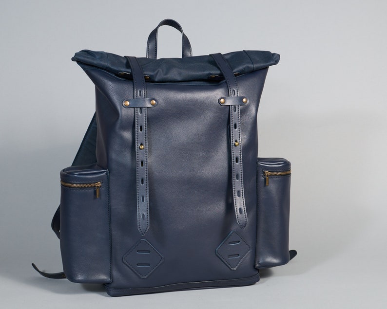 Navy blue leather and waxed canvas roll top backpack. Personalized rolltop leather rucksack for men and women. Unisex Commuter leather bag image 5