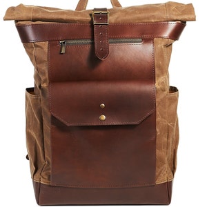 Personalized waxed canvas leather backpack. Roll top waterproof backpack for study, travel, work. Back to school gift.