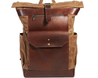 Roll top waterproof backpack Unisex. Personalized waxed canvas leather rucksack.