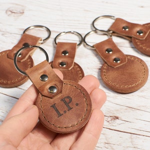 Personalized leather keychain. Handmade leather key fob gift for him. Custom color monogrammed keyring. Brown leather minimalist key holder. image 1