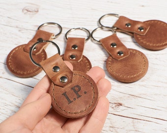 Personalized leather keychain. Handmade leather key fob gift for him. Custom color monogrammed keyring. Brown leather minimalist key holder.