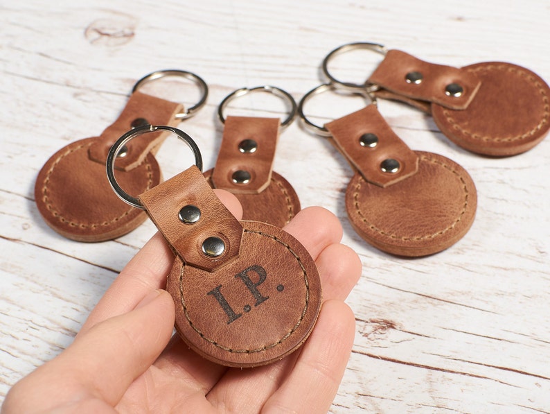 Personalized leather keychain. Handmade leather key fob gift for him. Custom color monogrammed keyring. Brown leather minimalist key holder. image 1