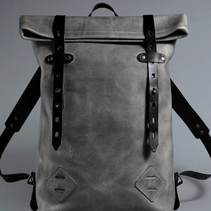 Grey Leather Roll Top Backpack. Minimalist Black and Grey Everyday ...