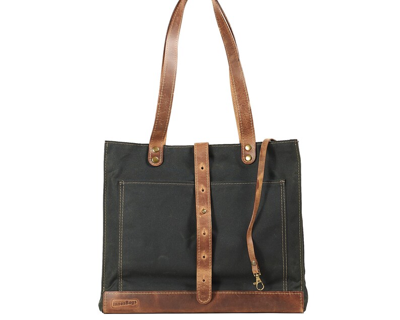 Waxed canvas tote bag in dark green timber. Leather handles, key chain image 5