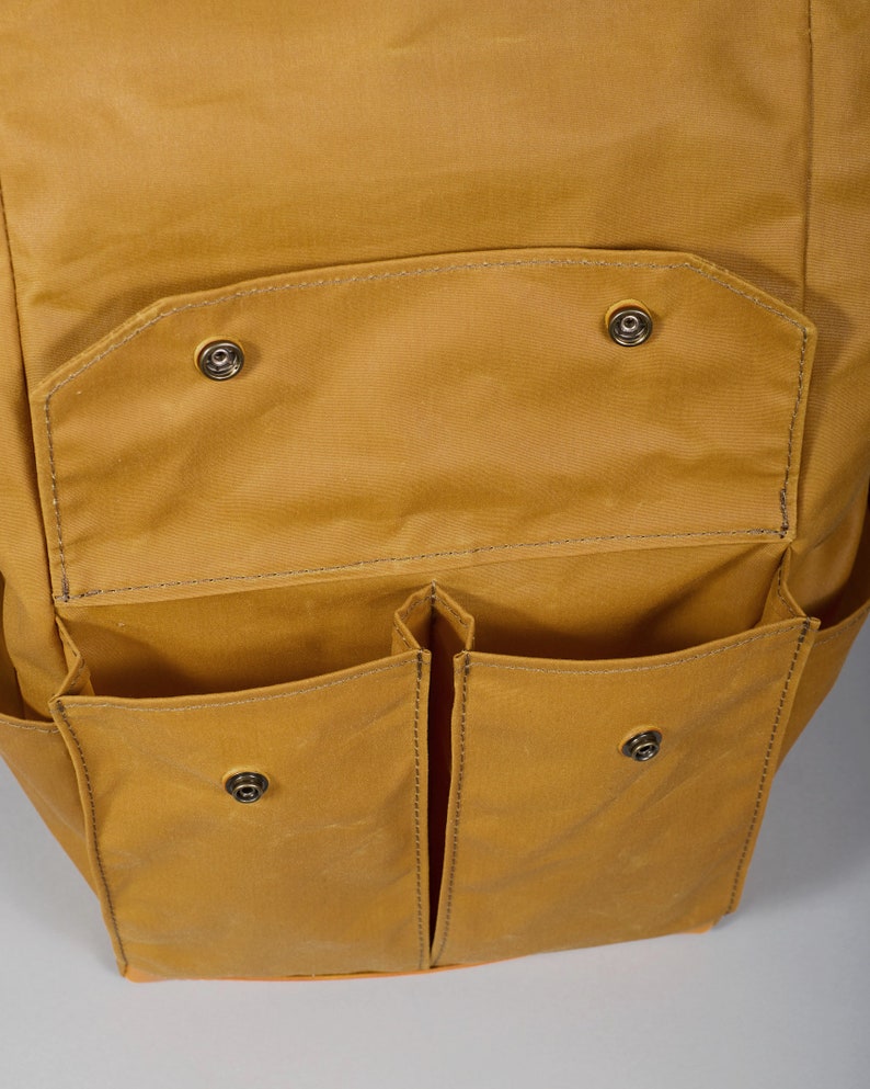 Yellow carry-on backpack with five pockets and padded section for 13 laptop. Personalized Waxed canvas rolltop backpack. Free engraving image 5