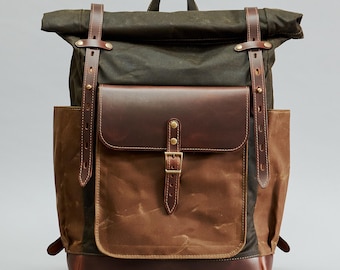 Handcrafted waxed canvas and leather roll top backpack. Customizable laptop backpack. Free personalization. Dark olive canvas daypack.