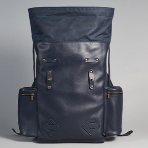 Navy blue leather and waxed canvas roll top backpack. Personalized rolltop leather rucksack for men and women. Unisex Commuter leather bag image 7