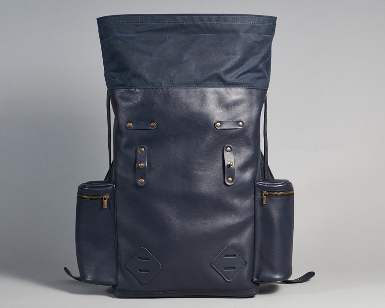 Navy blue leather and waxed canvas roll top backpack. Personalized rolltop leather rucksack for men and women. Unisex Commuter leather bag image 7