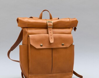 Personalized Tan Leather Backpack | Handmade Genuine Leather Laptop Bag for Men & Women.