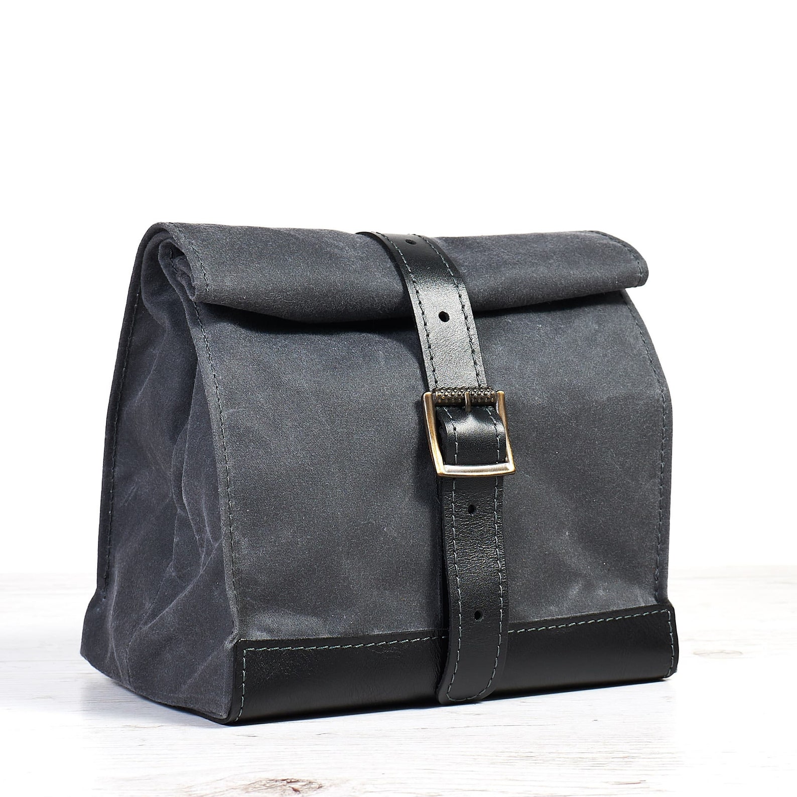Waxed Canvas and Leather Lunch Bag in Dark Grey Black. Etsy