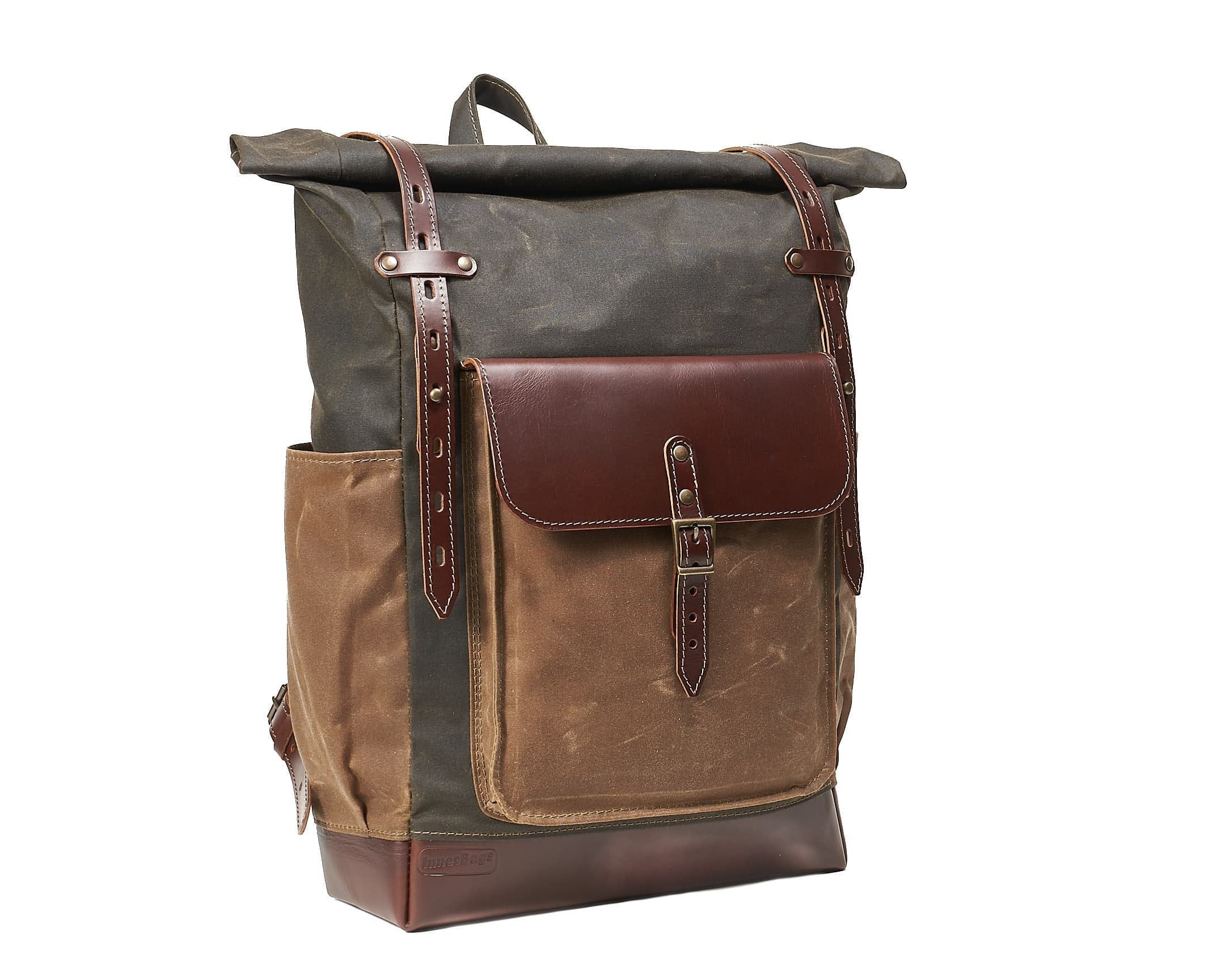 Canvas leather rolltop backpack, Waterproof handcrafted bag with laptop ...