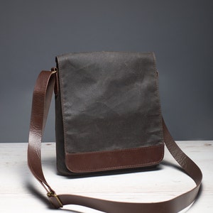 Waxed canvas tablet messenger bag. Brown small men's crossbody bag with leather strap. Water resistant vertical canvas bag for travel. image 1