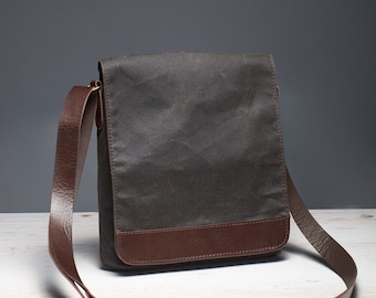 Waxed canvas tablet messenger bag. Brown small men's crossbody bag with leather strap. Water resistant vertical canvas bag for travel.
