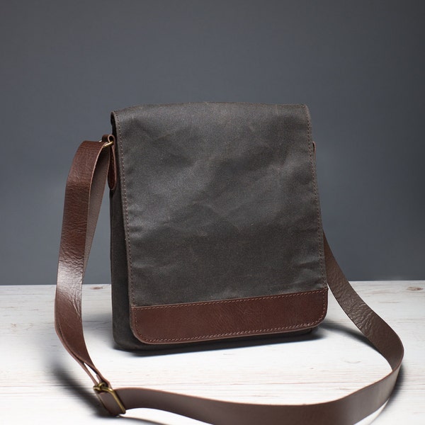 Waxed canvas tablet messenger bag. Brown small men's crossbody bag with leather strap. Water resistant vertical canvas bag for travel.