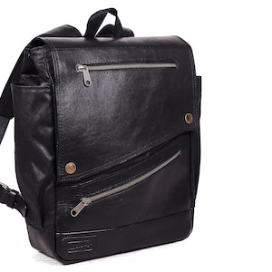 Waxed canvas backpack with leather flap | Black cotton leather rucksack for laptop. Handmade personalized backpack for work and travel.