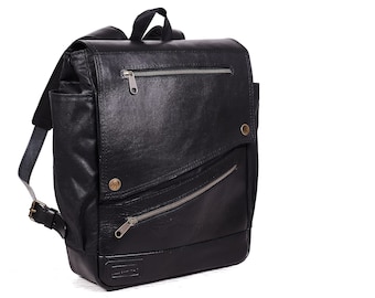 Waxed canvas backpack with leather flap | Black cotton leather rucksack for laptop.