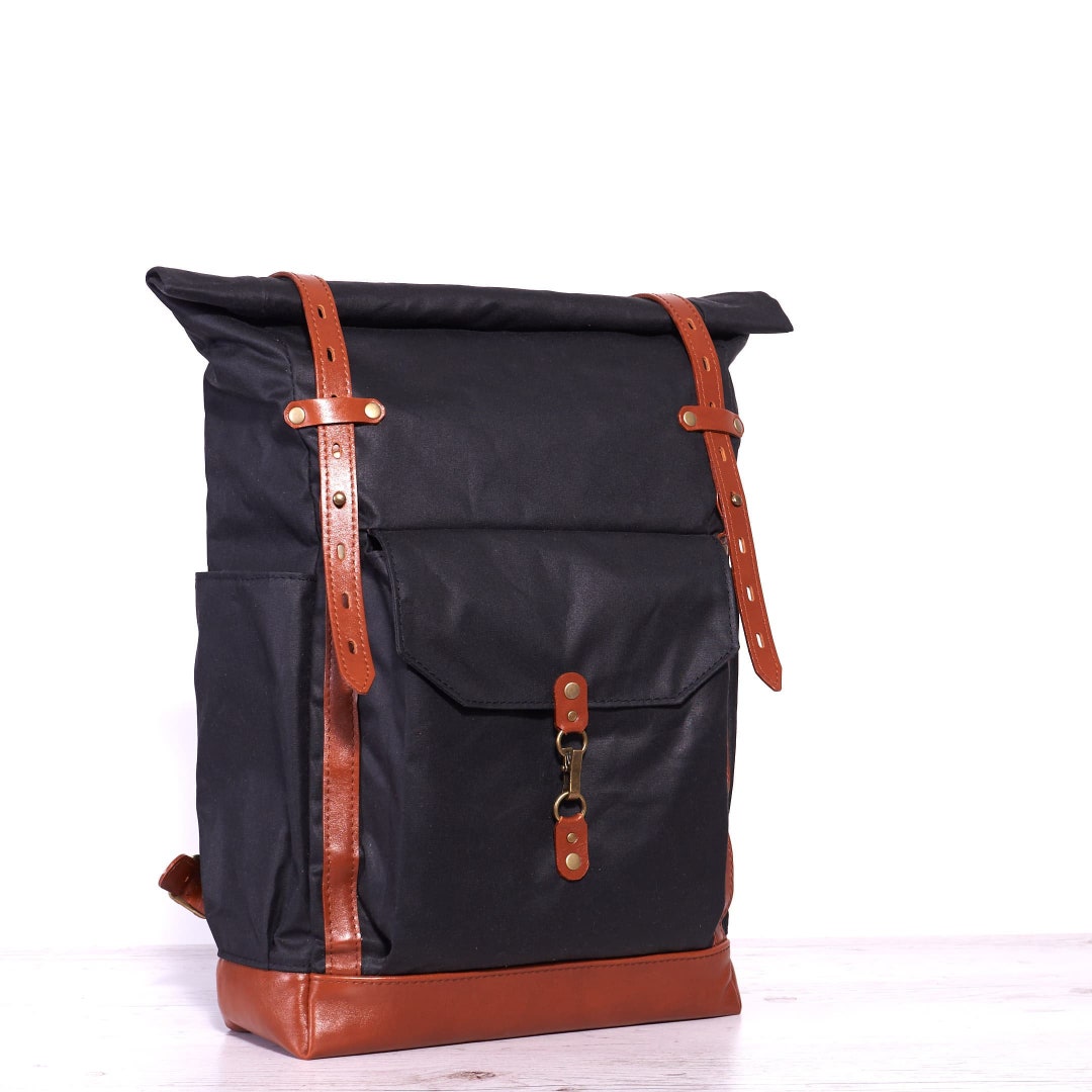 Roll Top Backpack / Canvas Leather Backpack Waterproof Waxed - Etsy
