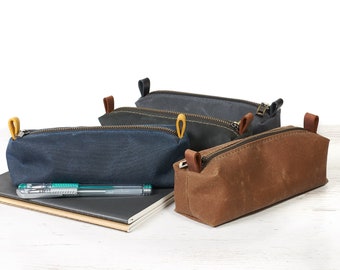 Waxed canvas zipper pencil pouch. Fabric pen and pencil case, Gift for Him Hand made pen case