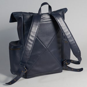 Navy blue leather and waxed canvas roll top backpack. Personalized rolltop leather rucksack for men and women. Unisex Commuter leather bag image 3