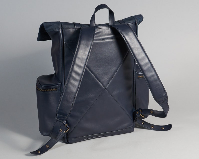 Navy blue leather and waxed canvas roll top backpack. Personalized rolltop leather rucksack for men and women. Unisex Commuter leather bag image 3