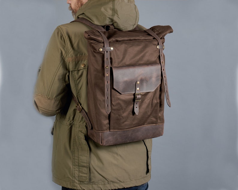 Dark brown waxed cotton leather rucksack for mens. Personalized gift 