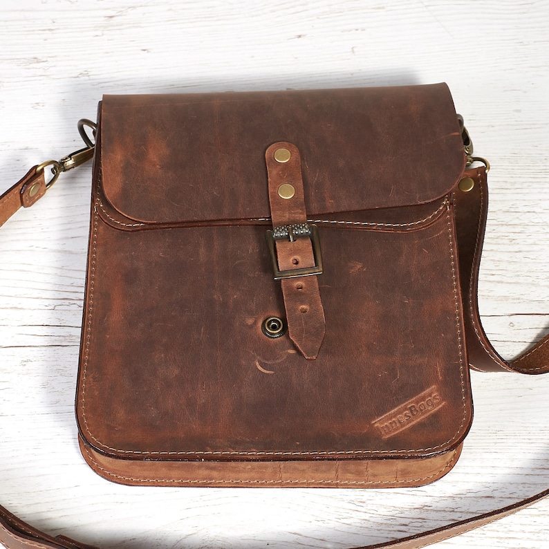 Mens leather shoulder bag. Small leather crossbody bag for tablet. Brown leather saddle bag. Personalized gift image 7