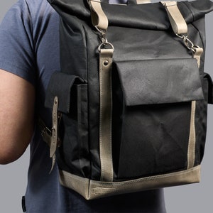 Black waxed canvas and leather commuter backpack. Waterproof Roll top rucksack for work & travel. Handmade laptop backpack. Custom daypack. image 9