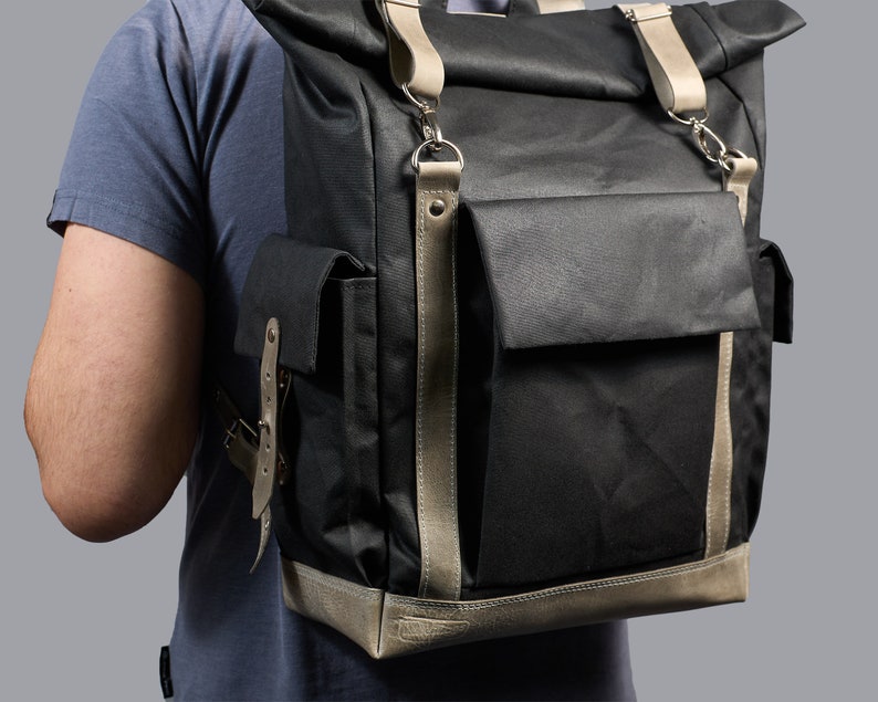 Black waxed canvas and leather commuter backpack. Waterproof Roll top rucksack for work & travel. Handmade laptop backpack. Custom daypack. image 9