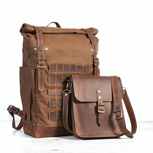 Waxed canvas backpack with leather crossbody bag. Molle travel backpack. Customizable water resistant canvas bag. Personalized rucksack