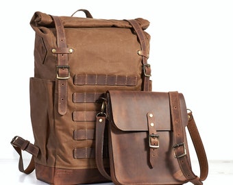 Gewaxte canvas rugzak met leren schoudertas. Molle reisrugzak. Aanpasbare waterbestendige canvas tas. Gepersonaliseerde rugzak