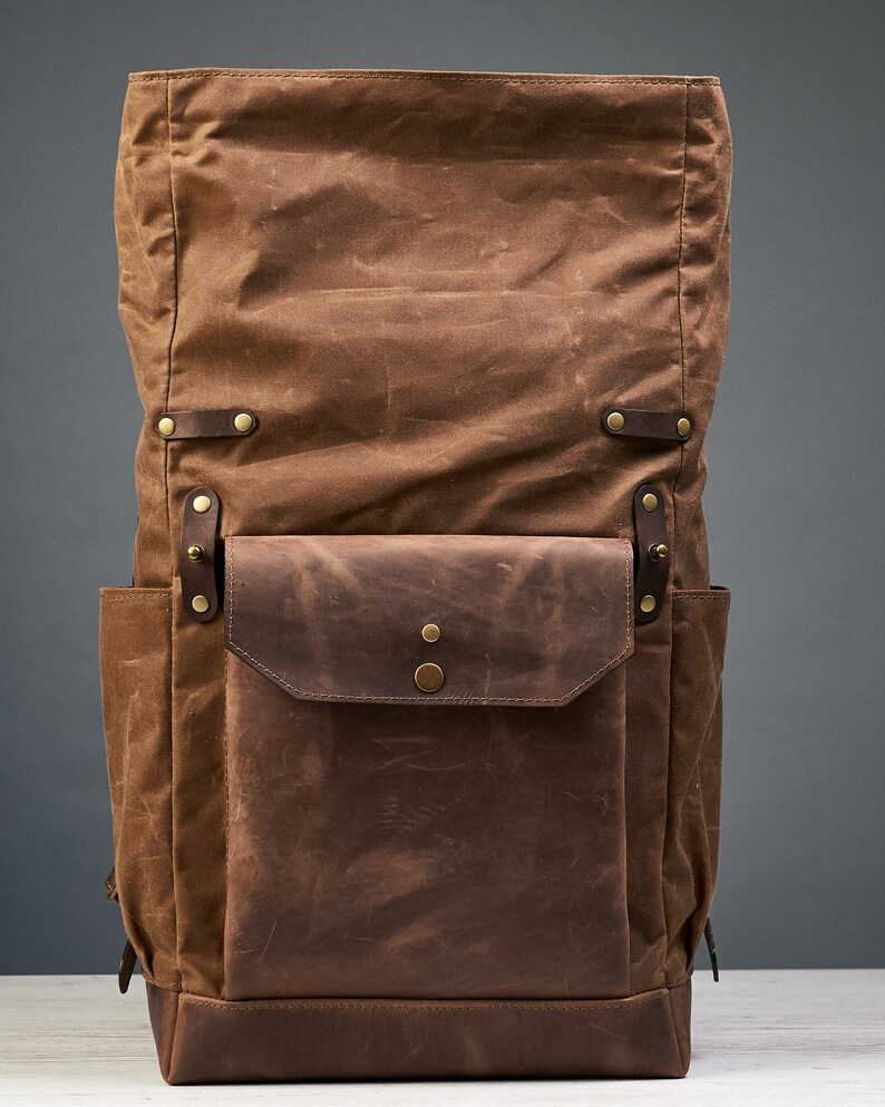 Waxed canvas backpack for laptop. Tan canvas and cognac leather. Customizable leather canvas roll top rucksack. Free personalization. image 3