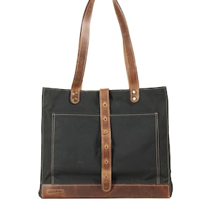 Waxed canvas tote bag in dark green timber. Leather handles, key chain image 1