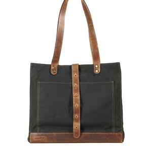 Waxed canvas tote bag in dark green timber. Leather handles, key chain image 1