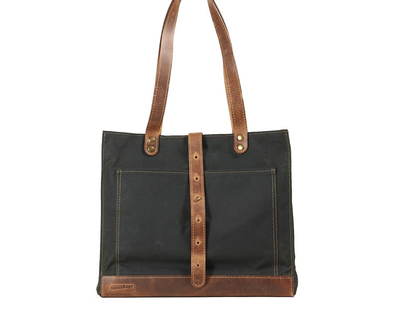 Waxed canvas tote bag in dark green timber. Leather handles, key chain image 1