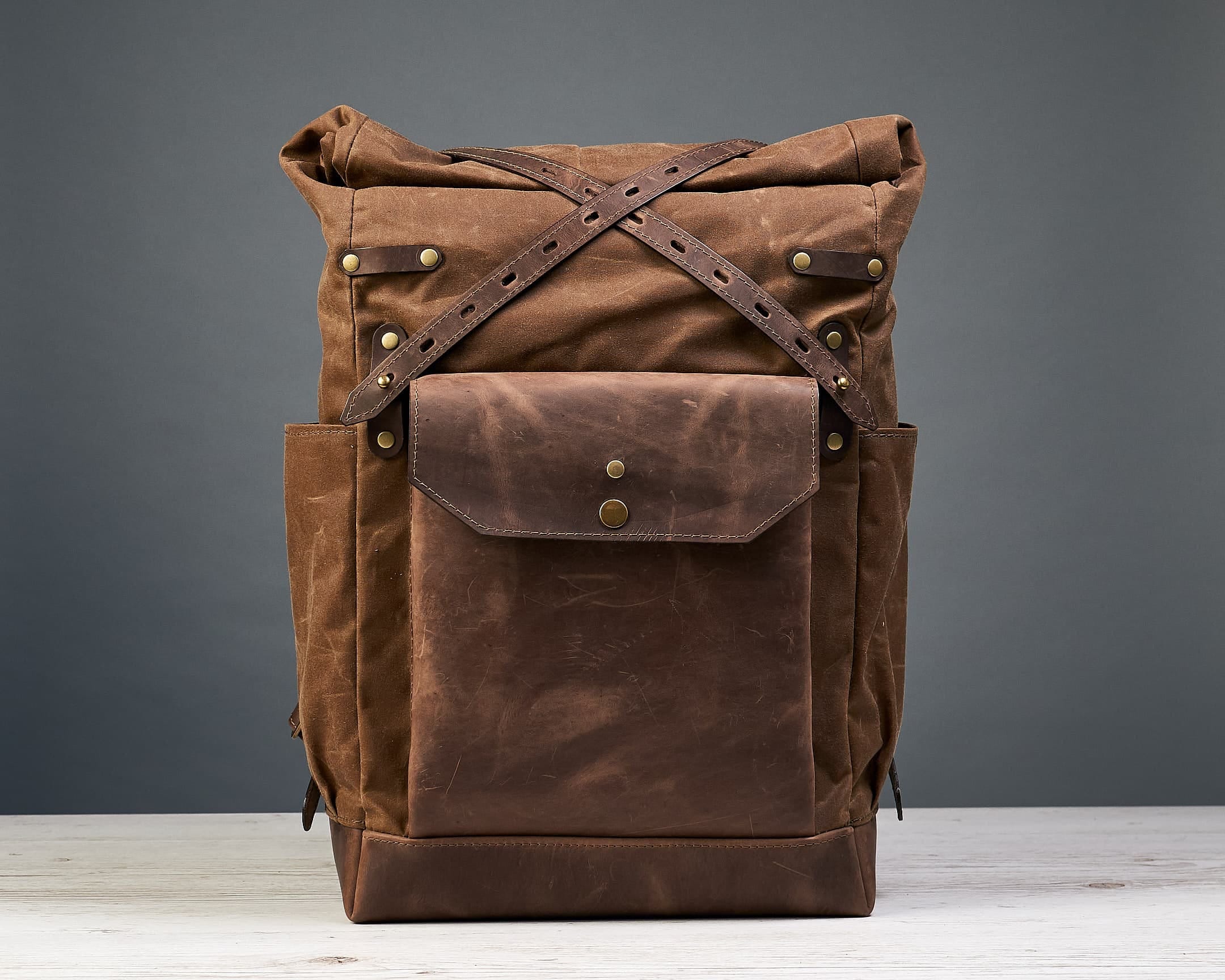Unique TSD orange leather and brown/tan waxed canvas backpack, lined, durable 200usd-discount-bushcraft-  main image 2