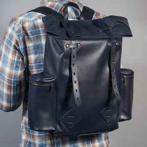 Navy blue leather and waxed canvas roll top backpack. Personalized rolltop leather rucksack for men and women. Unisex Commuter leather bag image 4
