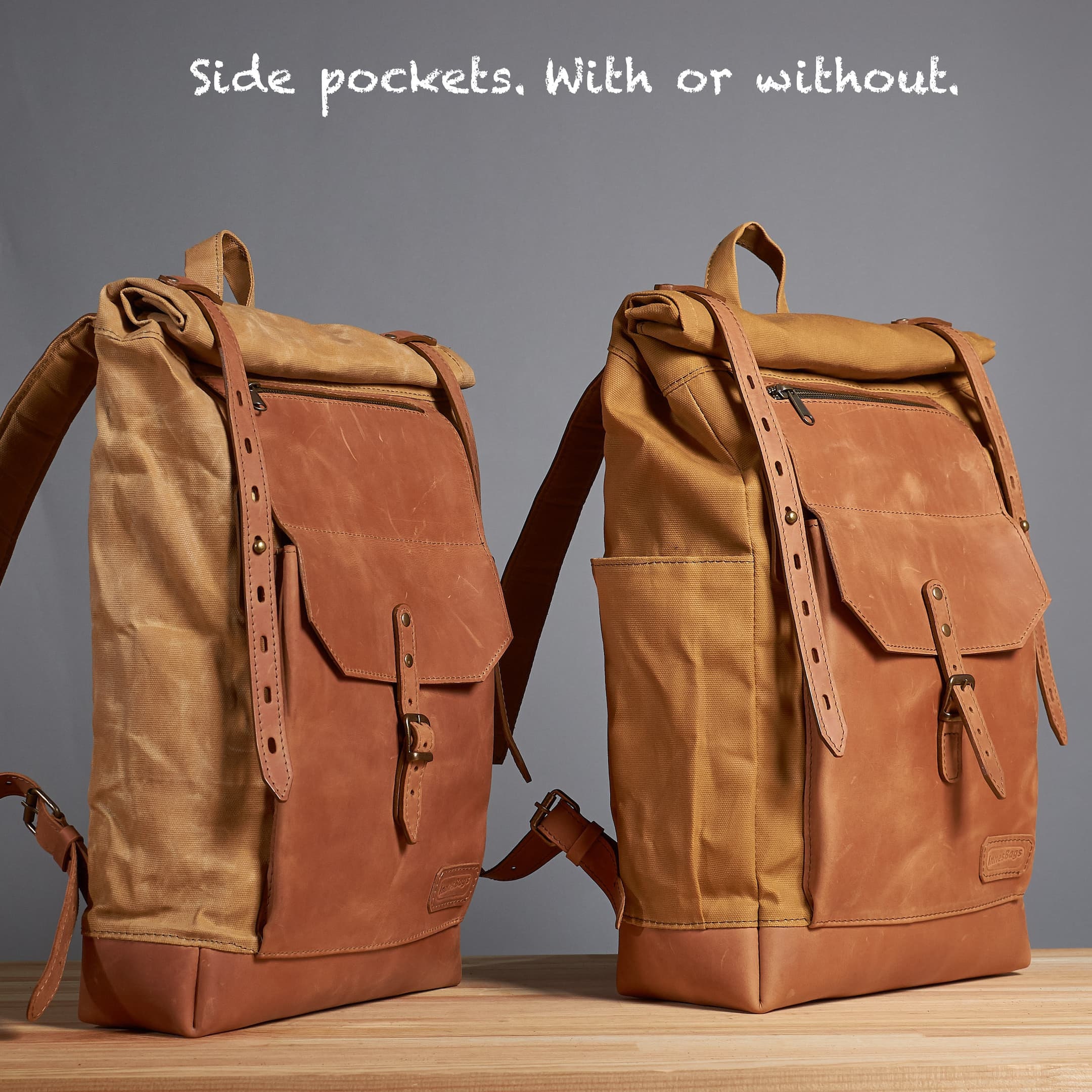 Dark brown waxed canvas rucksack. Leather canvas backpack.