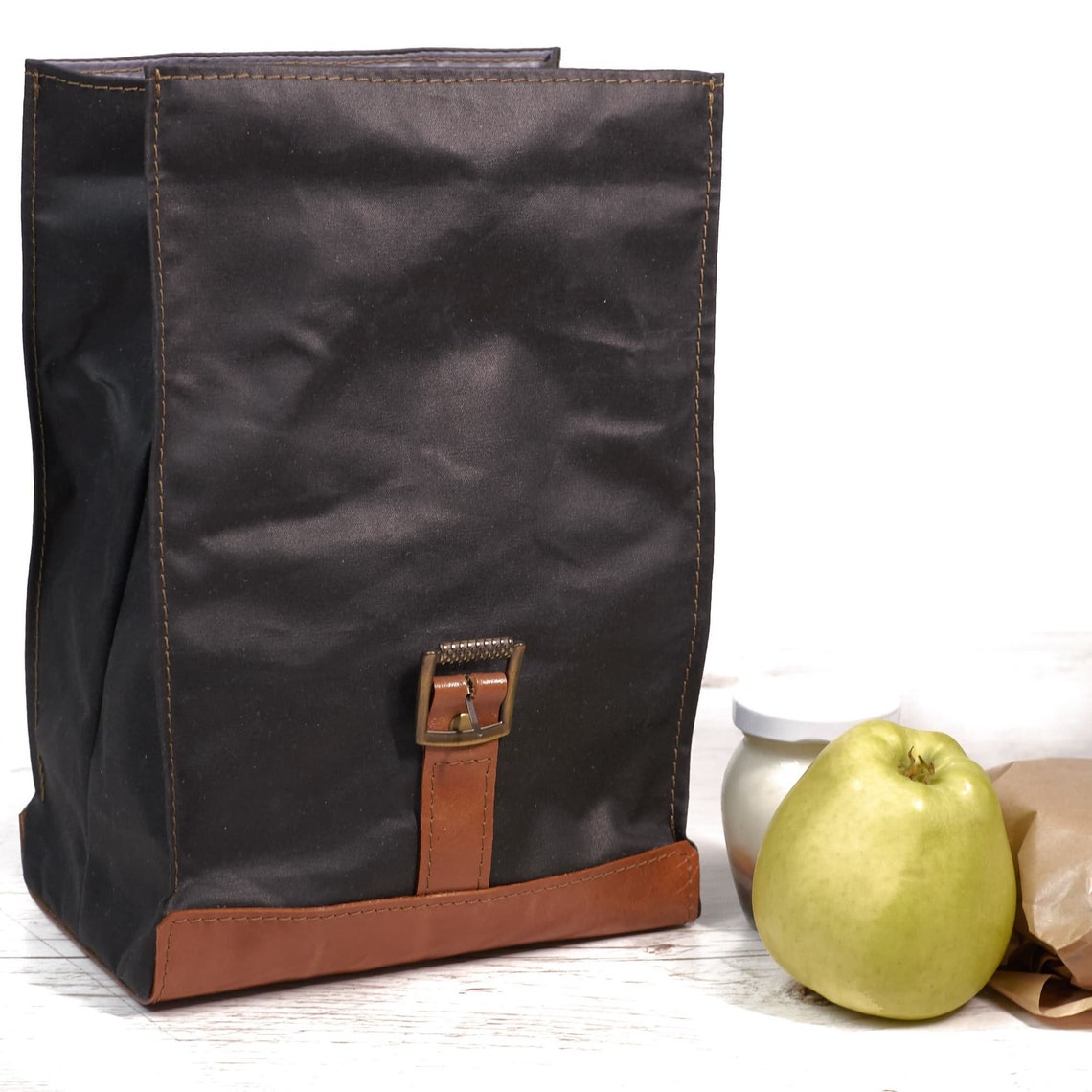 Black Lunch Bag. Lunch Box. Waxed Canvas and Leather Lunch - Etsy