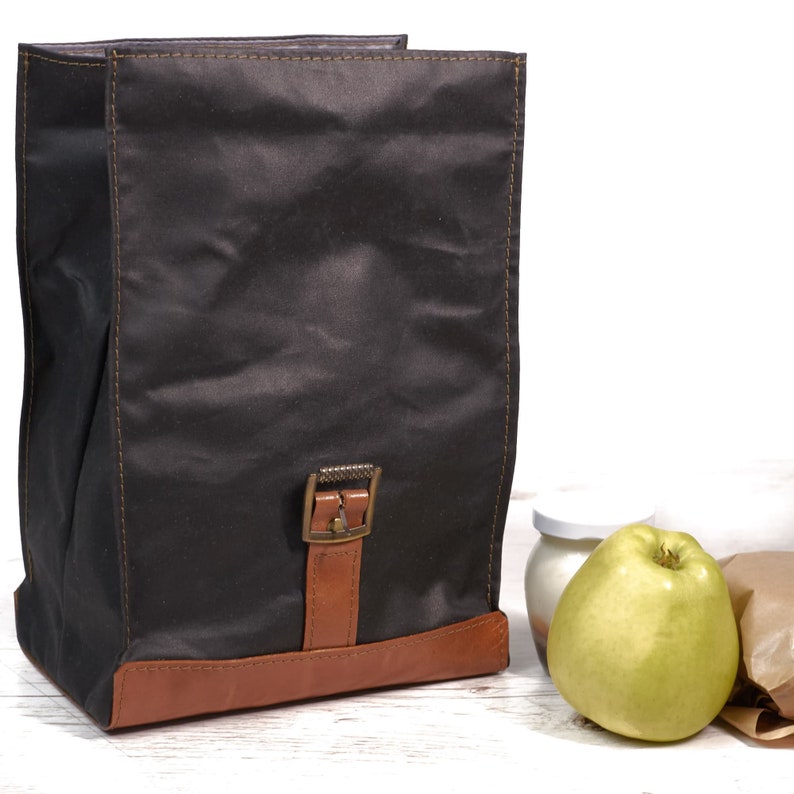 Black lunch bag. Lunch box. Waxed canvas and leather lunch box. Personalized gift. Back to school. organizer bag image 3