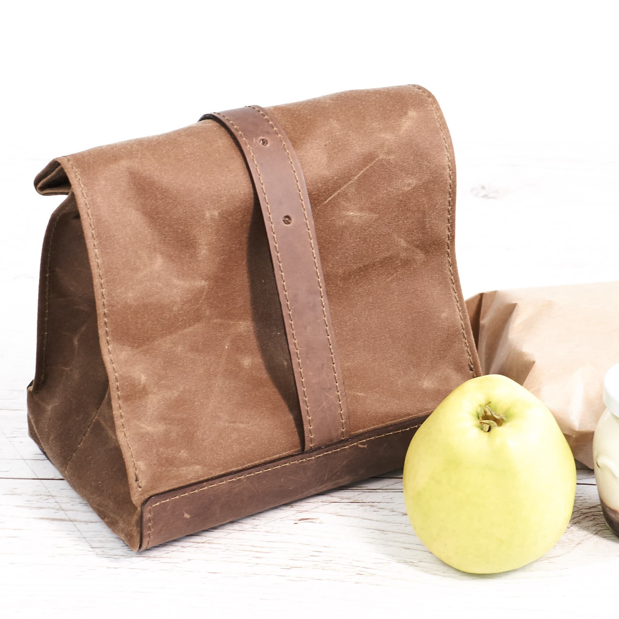 Brown lunch bag. Lunch box. School lunch bag. Waxed canvas and leather