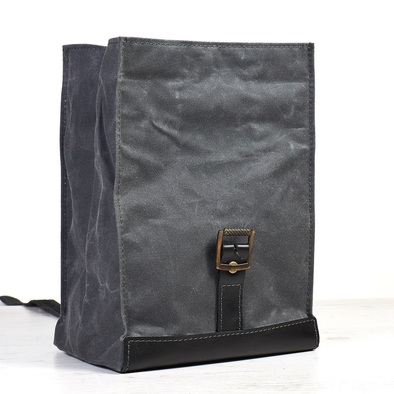 Grey black waxed canvas and leather lunch bag. Water resistant canvas picnic bag. Personalized gift. Reusable cotton snack bag with strap image 5