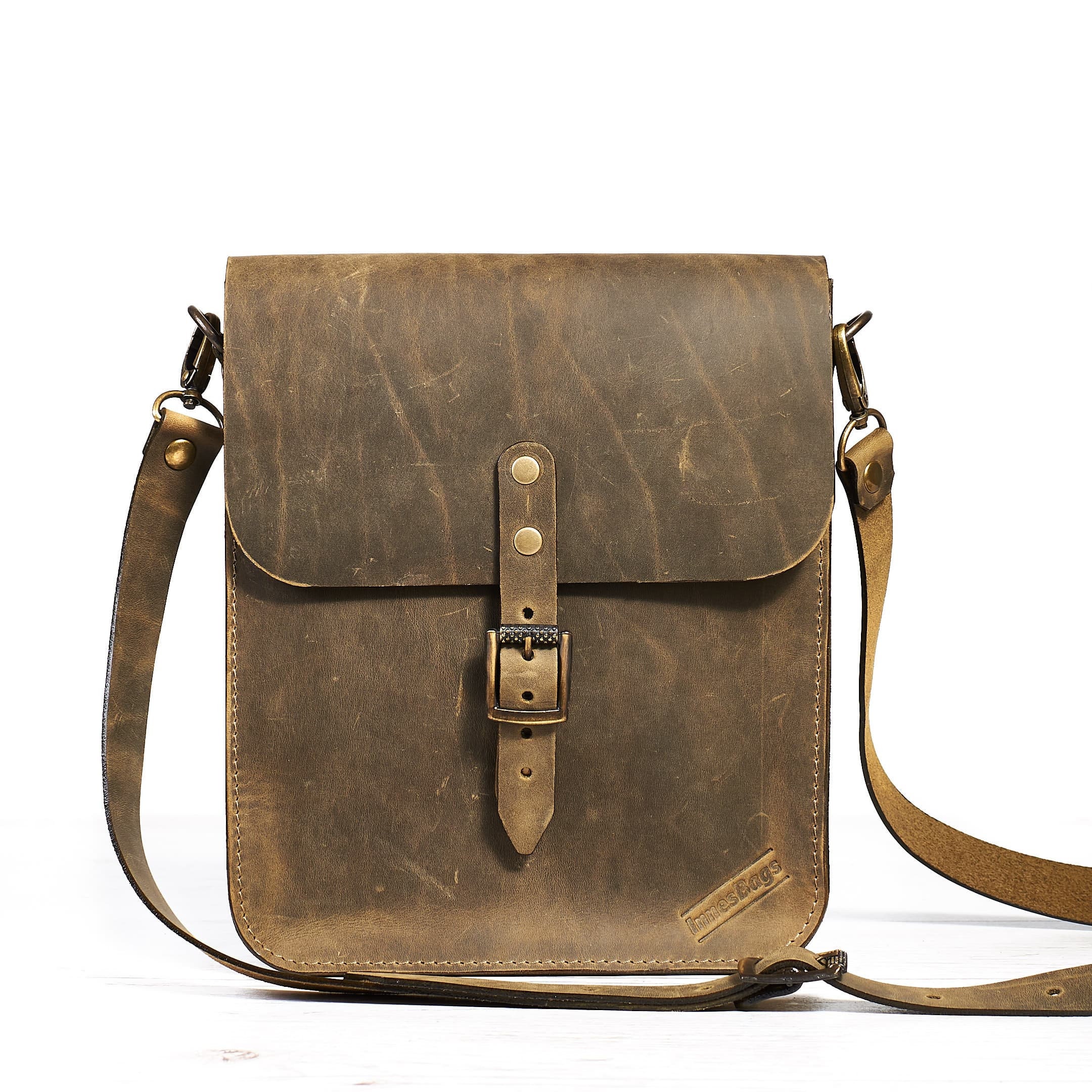 Mens messenger small crossbody bag. Mini leather bag for tablet. Dark olive, brown, grey colours ...