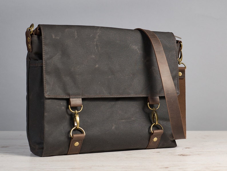 Dark grey waxed canvas messenger bag. Zip water resistant canvas and leather crossbody bag for laptop. Personalized Commuting Shoulder Bag. image 1