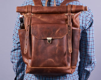 Mens leather backpack. Brown leather rolltop rucksack. Personalized gift. Large leather backpack. Women's backpack. Laptop bag